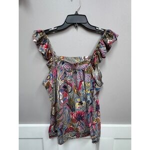 French Connection Womens Ruffle Strap Paisley Floral Cotton Tank Top Grey Medium